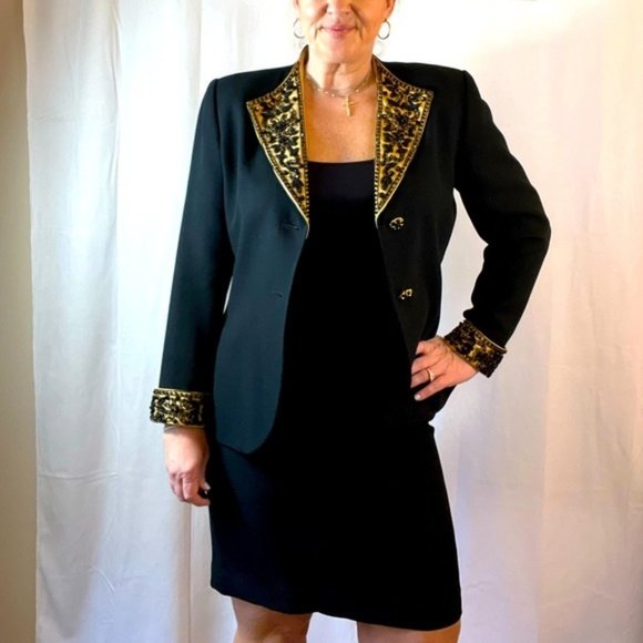 ALBERT NIPON Elegant Beaded Evening Wear 2 PC Suit Black Gold Size 10P - Picture 2 of 14